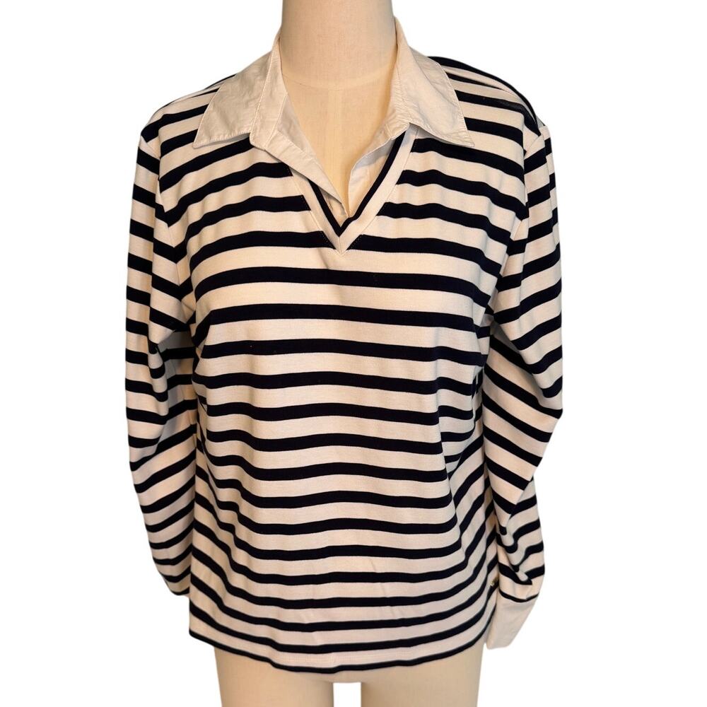 Jones New York Signature Collared V-Neck Women's Navy Stripe Top Size XL‎